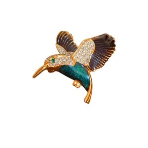 Elegant Hummingbird Brooch - Gold and Green